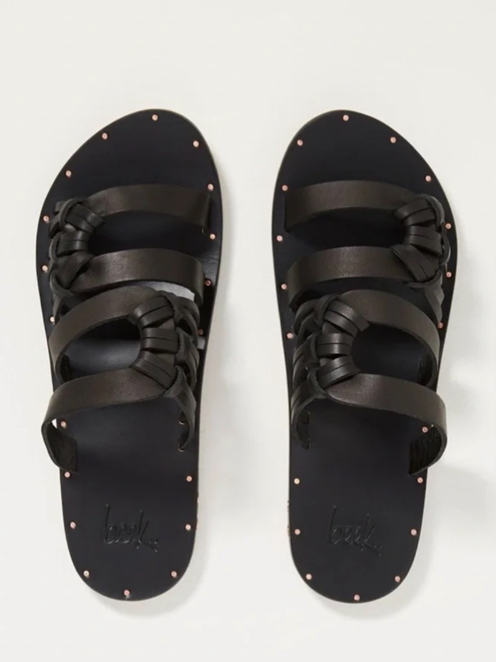 Beek Blackbird Leather Slide Strappy Flat Sandals Women's 8, Black